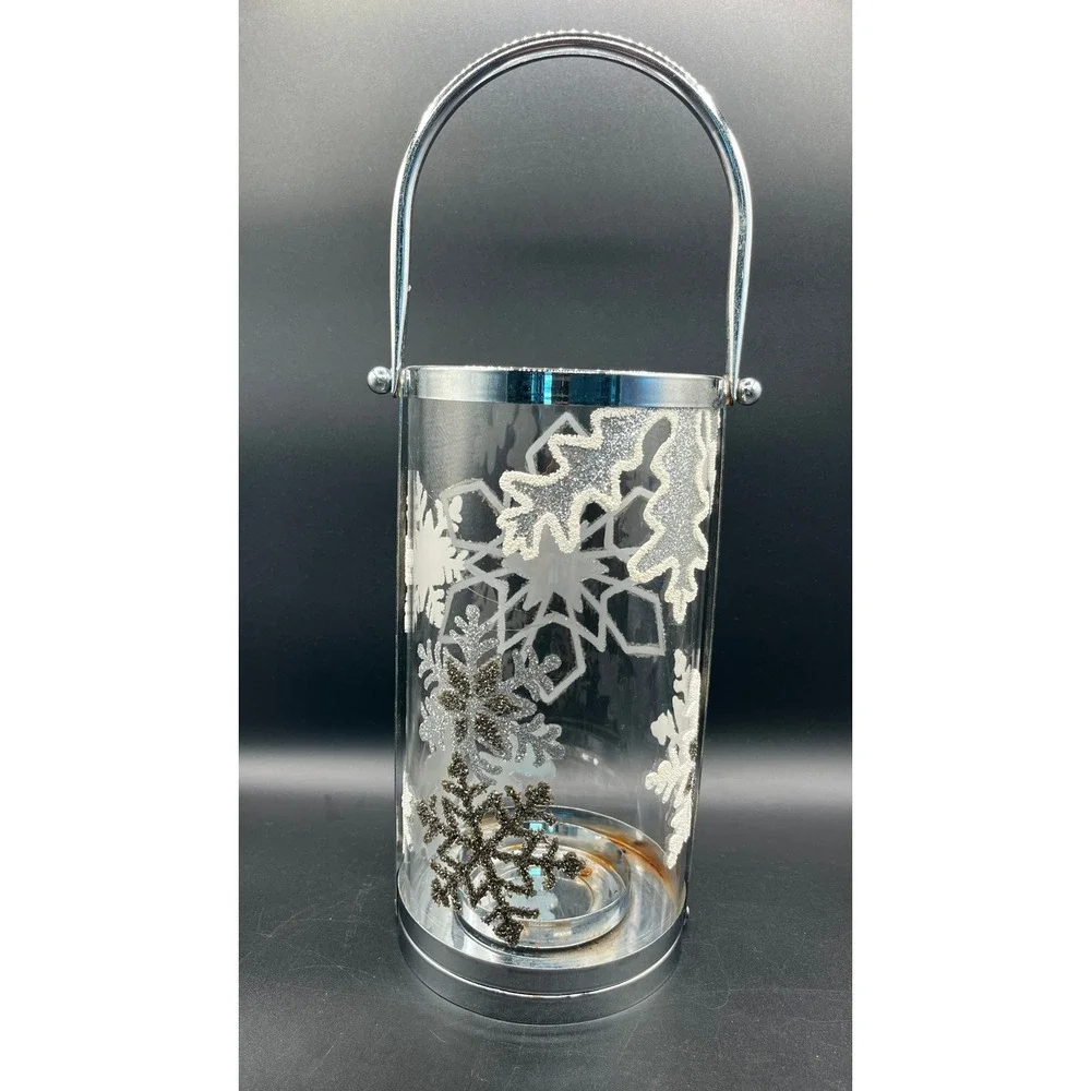 Silver Snowflake Glass Cylinder Candle Lantern Chrome Handle Winter Decor 10.25